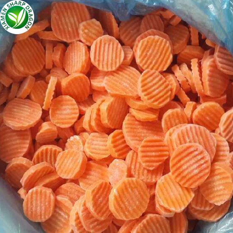 Frozen crinkle-cut carrot slices inside a bulk liner